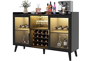 Freestanding Black-Finished Wine Bar Cabinet with LED Light and Storage Shelves