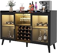 Vista 10 de Auromie Gabinete de bar de vinos con luz LED, gabinete de café para el hogar con estante para vino y vidrio, aparador de cocina con estantes