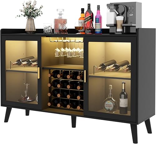 Miniatura 10 de Auromie Gabinete de bar de vinos con luz LED, gabinete de café para el hogar con estante para vino y vidrio, aparador de cocina con estantes de