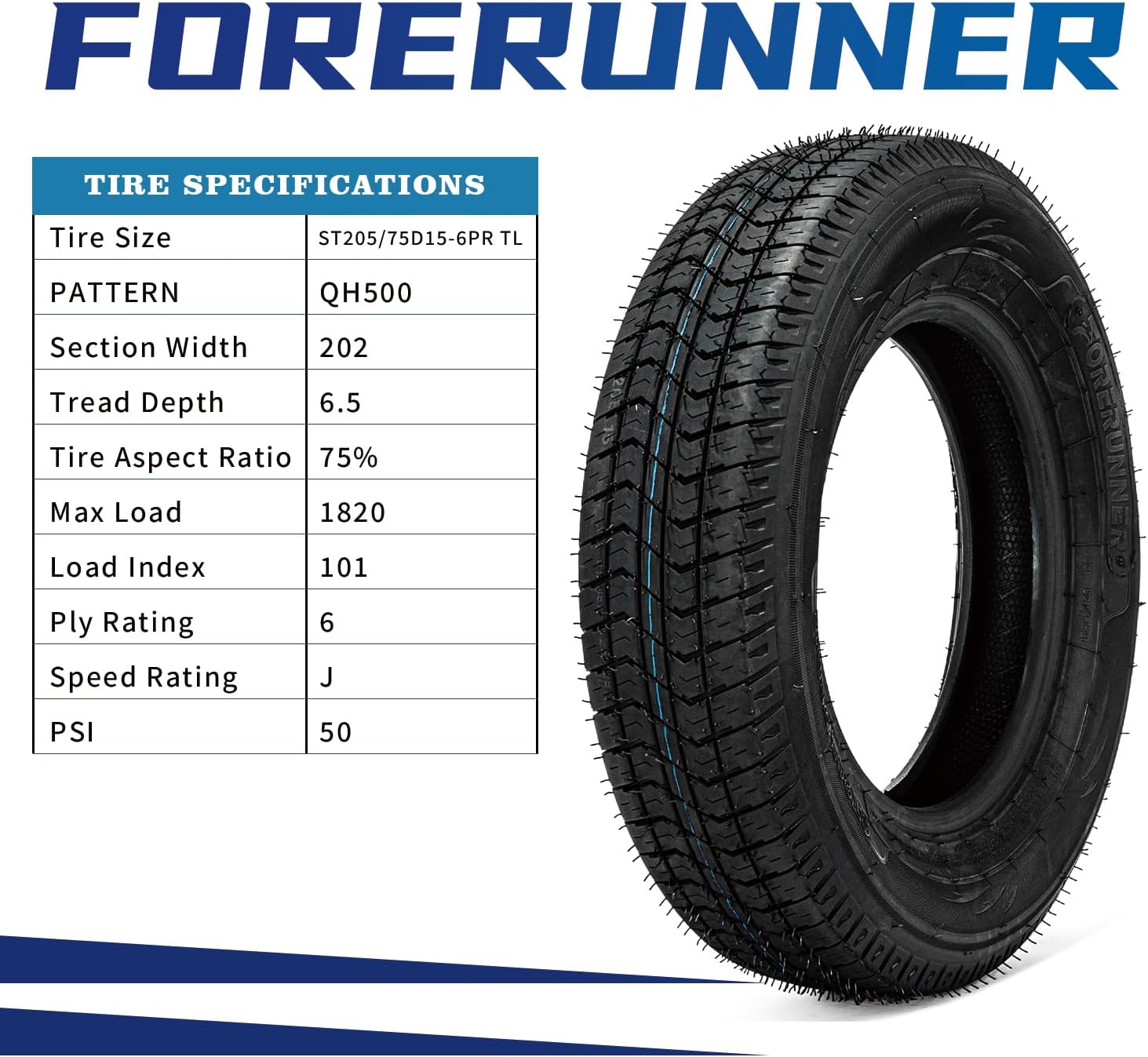 Set of 2 FORERUNNER Premium Trailer Tires ST205/75D15 Deep Tread Load Range C 6PR BSW Black Side Wall