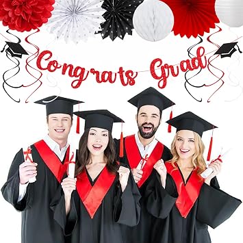 2026 Congrats Graduation Party-Decorations Banner-Streamers - 21pcs Black White-Red Congratulations Grad Backdrop Decor,Tassel Garland,Tissue Pom Poms Honeycomb,Paper Lantern Fans Hugtmr