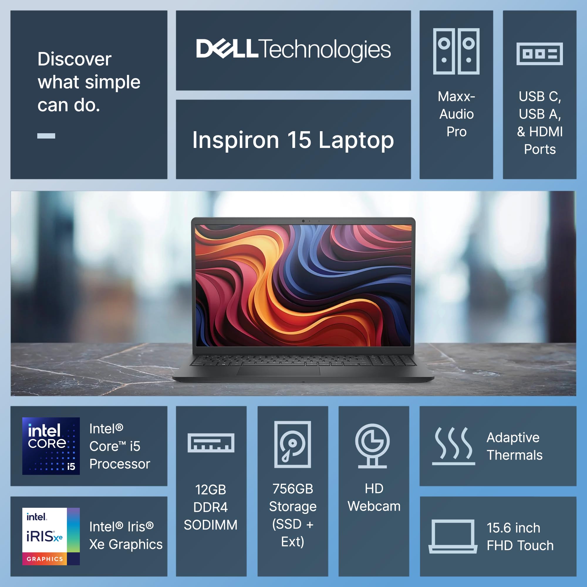 Dell Inspiron 15 Touchscreen Laptop for 2025-2026 Business Student Home, AI Computer, 15.6" FHD, 10-Core Intel i5, 12GB RAM, 756GB Storage (256GB SSD+500GB Ext) MarxsAddon, Win 11 Pro, Lifetime Office - 3