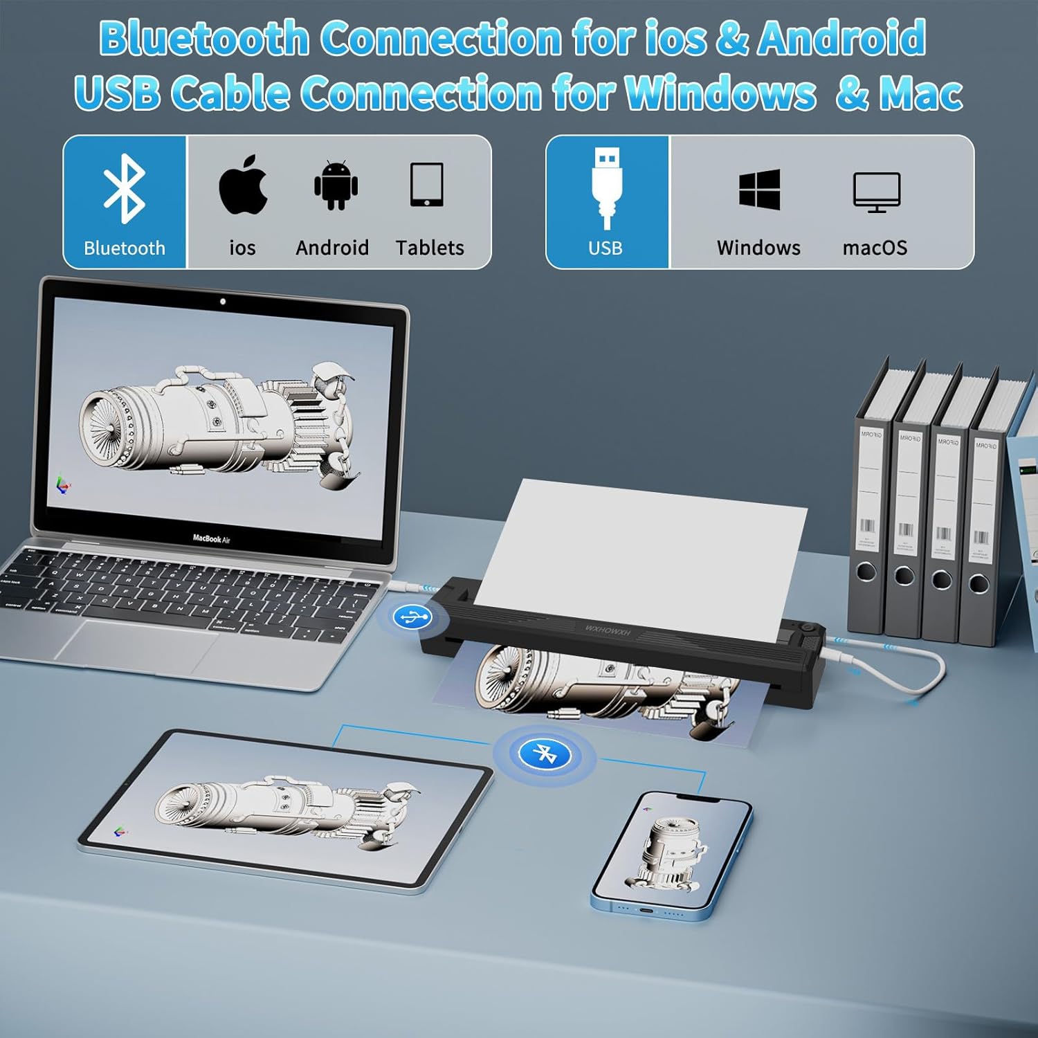 Portable Printers Wireless for Travel,300 DPI Thermal Bluetooth Inkless Mini Printer Compatible with Android,iOS&Laptop,Support 8.5