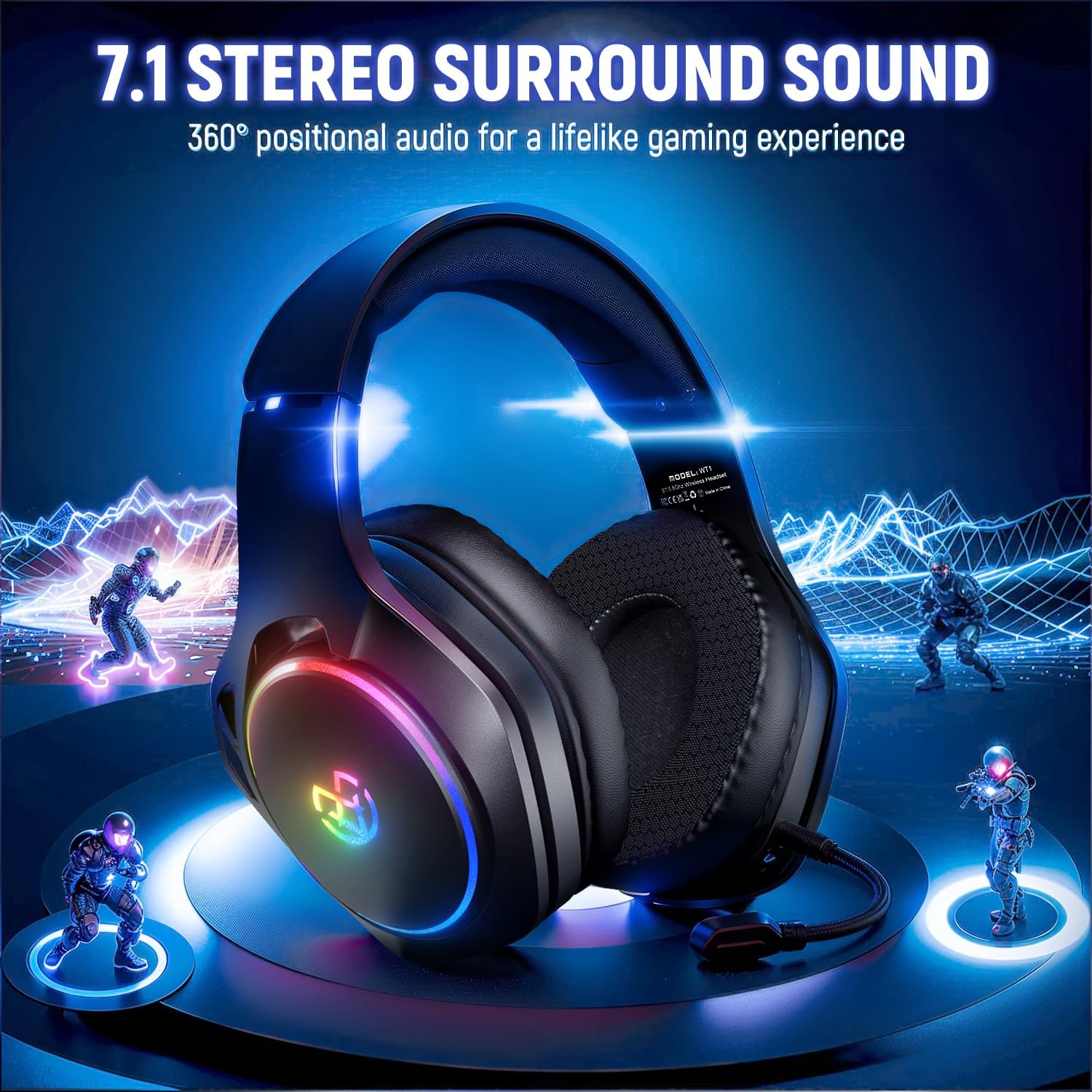 Tatybo Wireless Gaming Headset for Ps4, Ps5, PC - 2.4GHz Gaming Headphones，7.1 Surround Sound Headset with Detachable Noise Canceling Microphone,40h Battery Life