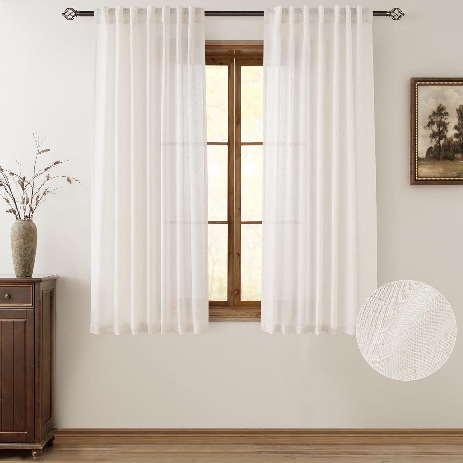 Linen Back Tab Curtains for Living Room 2 Panel Semi Sheer Light Filtering Bedroom Window Curtain Modern Farmhouse Rustic Neutral Ivory Linen Drapes Cream 52" W x 63" L