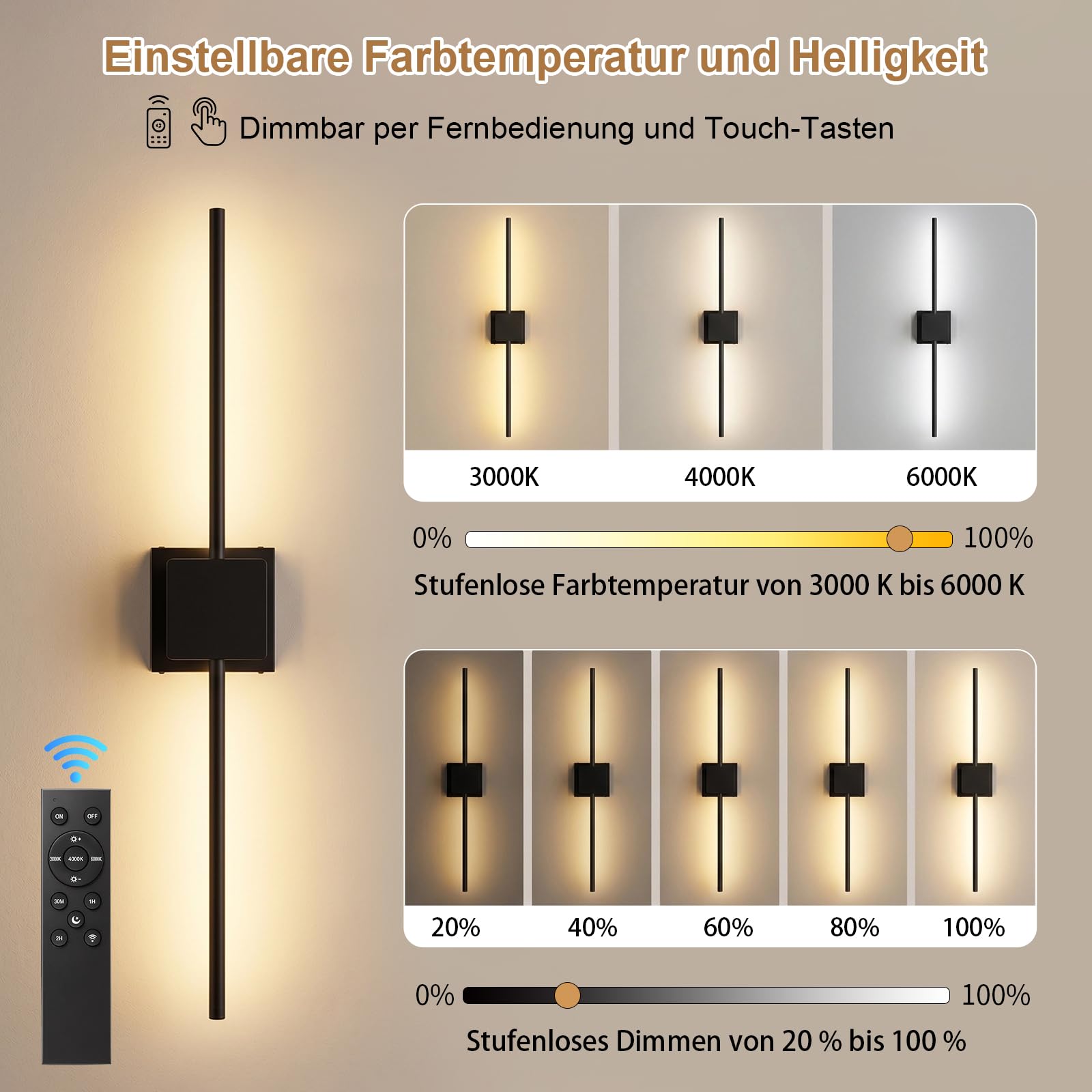 ERWEY Lot de 2 Applique Murale Intérieure, Lampe Murale Sans Fil Noir, Lampe Murale Chambre avec Télécommande, 3 Températures de Couleur & Dimmable, pour Chambre, Salon