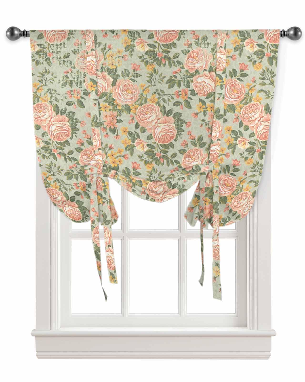 Flower Tie Up Curtains for Window, Thermal Insulted Balloon Shade Adjustable Rod Pocket Curtains Valance Panels for Kitchen Bathroom Café 34 x 45