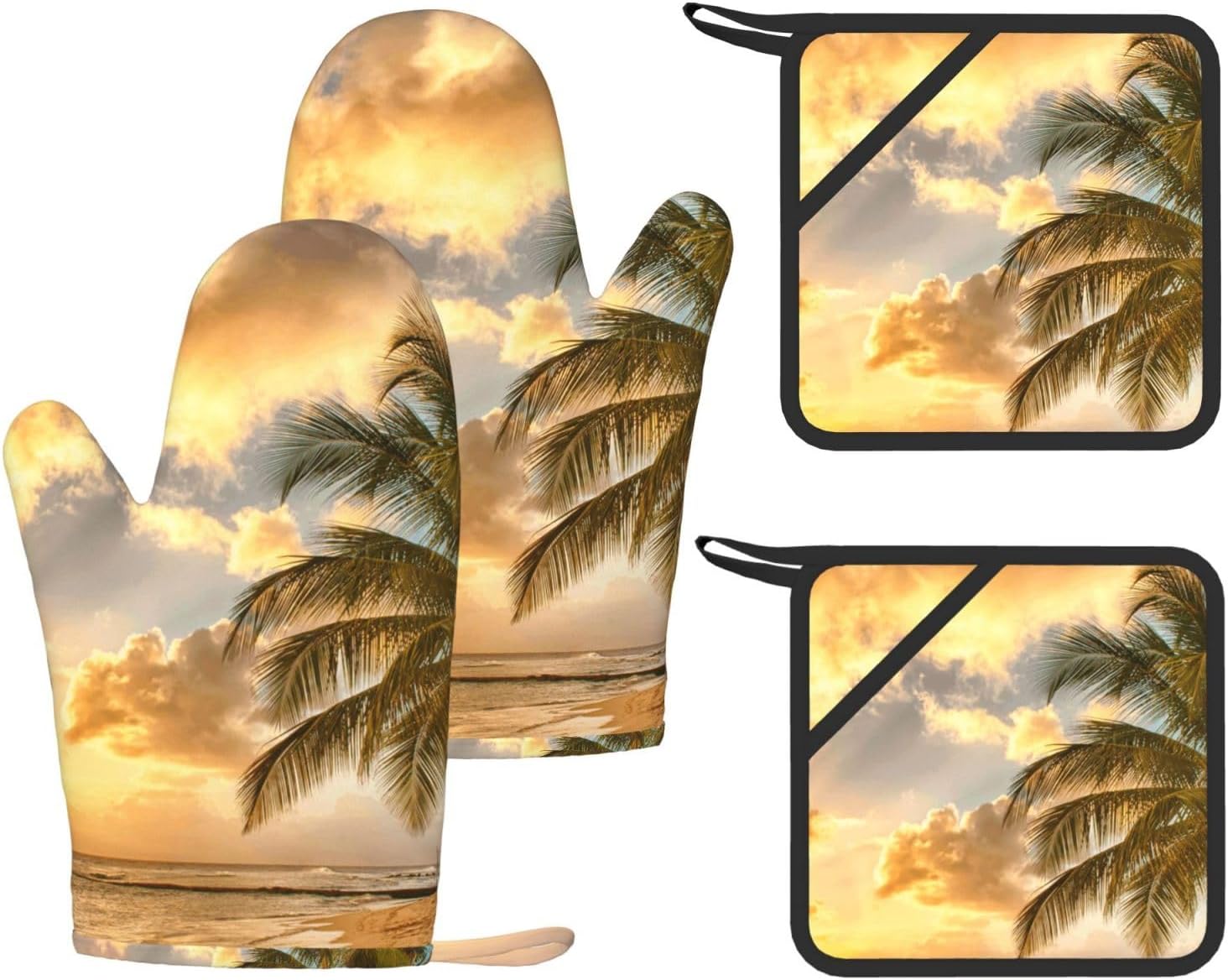 Sunset Hawaiian Palm Tree Oven Mitts and Pot Holders Set of 4 Heat Resistant Kitchen Gloves with Silicone Palm Hot Pads for Baking Cooking Grilling BBQ