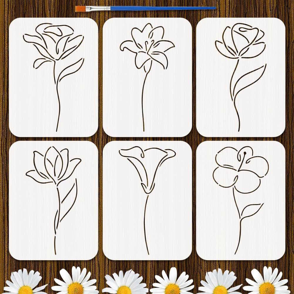 FINGERINSPIRE 6PCS Linear Flowers Stencils with a Brush 7.87x5.9inch Line Flowers Design Stencils Wildflower Stencil Decorative Floral Pattern Stencil for Painting on Wood Furniture DIY Home Decor