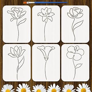 FINGERINSPIRE 6피스 선형 꽃 스텐실 브러시 포함 20 x 15cm(7.8 x 5.9인치) 라인 꽃 디자인 스텐실 야생화 스텐실 장식 꽃 패턴 스텐실 목재 가구 DIY 홈 데코