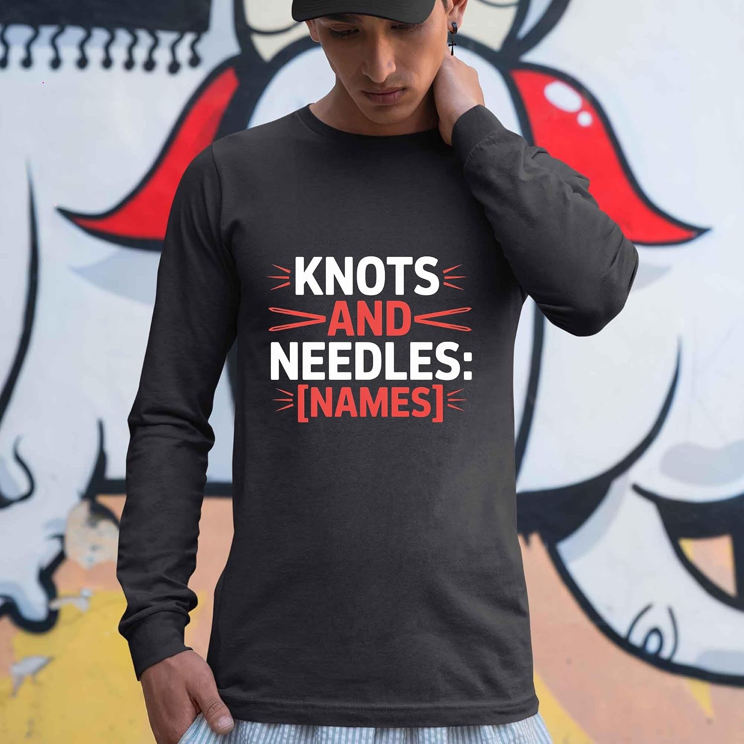 Fun Interest Tee with Name Shared Passion Aesthetic Knitting - Knots and Needles Black