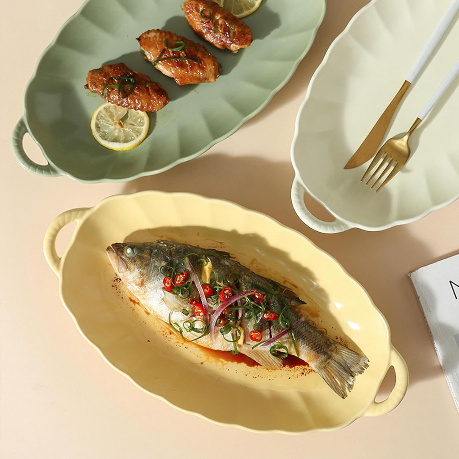 Nordic wind household simple and exquisite creative heat-resistant underglaze steamed fish plate-golden branches and jade leaves