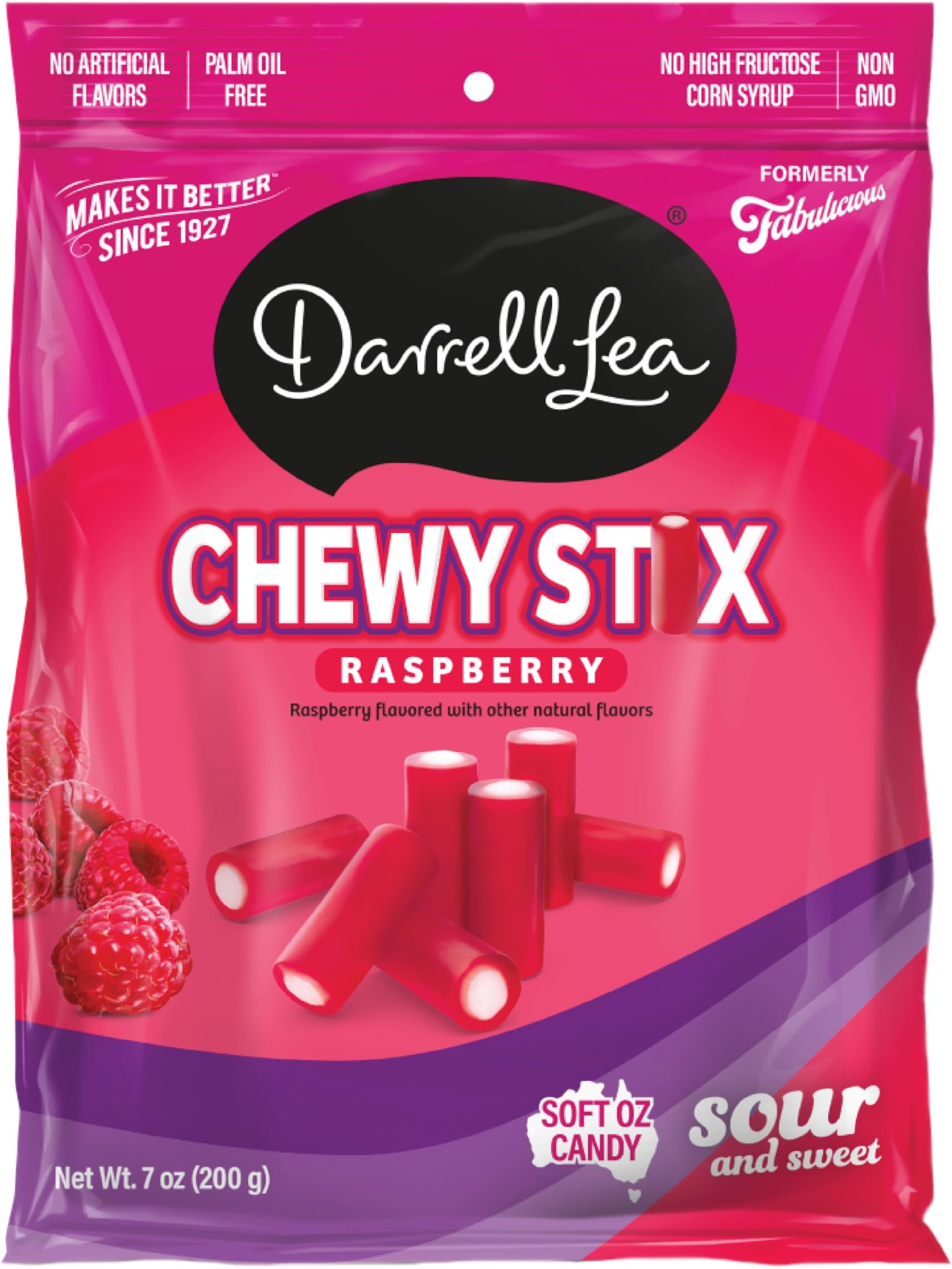 Darrell Lea Fabulicious Sour Candy Stix, Soft and Tangy, No Artificial Flavors, Palm Oil Free, Made in Australia, Shareable (Sour Raspberry, 7 Ounce (Pack of 1))