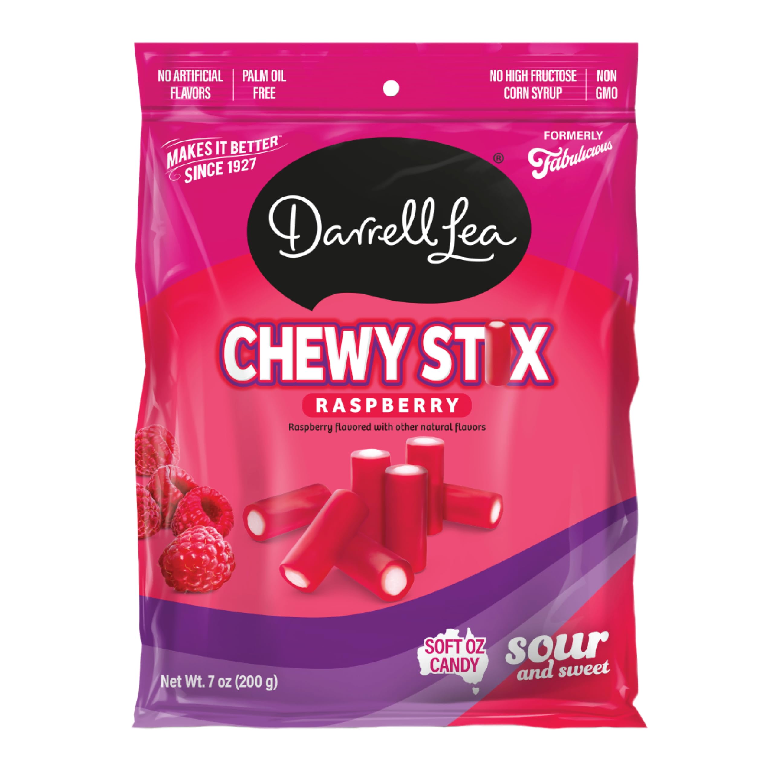 Darrell Lea Fabulicious Sour Candy Stix, Soft and Tangy, No Artificial Flavors, Palm Oil Free, Made in Australia, Shareable (Sour Raspberry, 7 Ounce (Pack of 1))