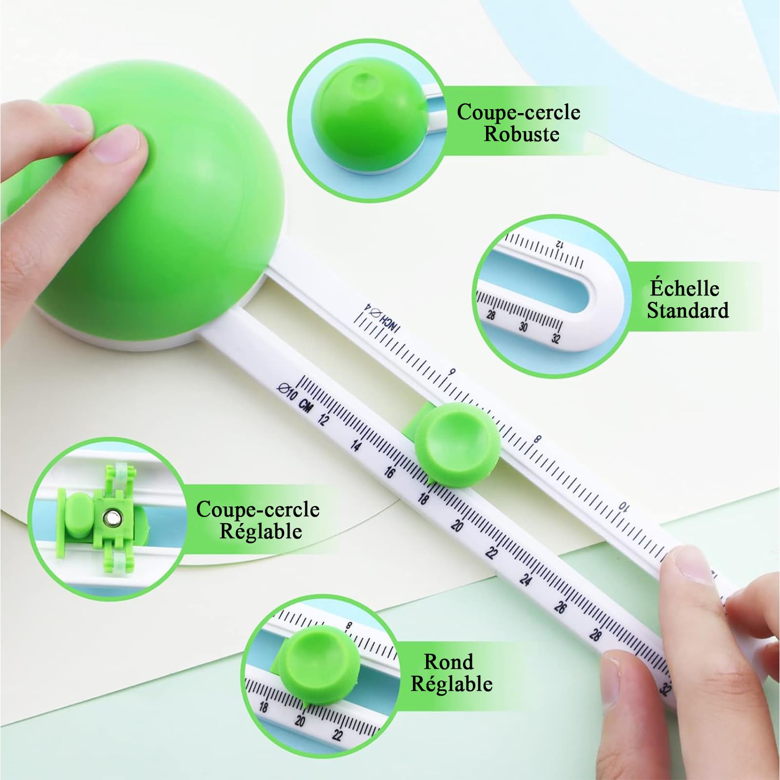 Cutter Circulaire Réglable 10-32 cm - Coupe-Cercle Rotatif avec Lames Remplaçables pour Loisirs Créatifs, Scrapbooking, Cartes 3D, DIY (Vert)