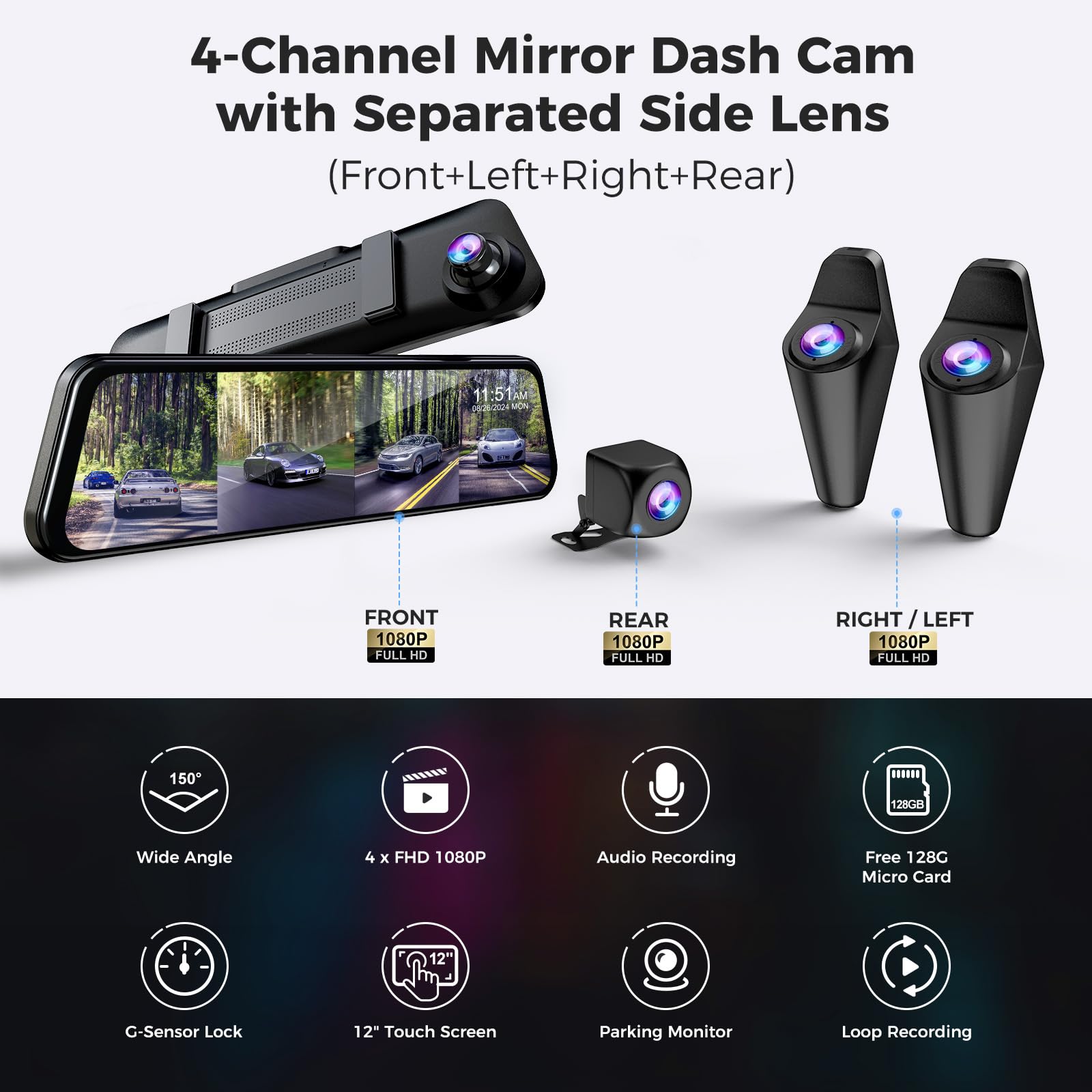 Amazon.com: 360 Degree View 4 Channel Mirror Dash Cam Detached