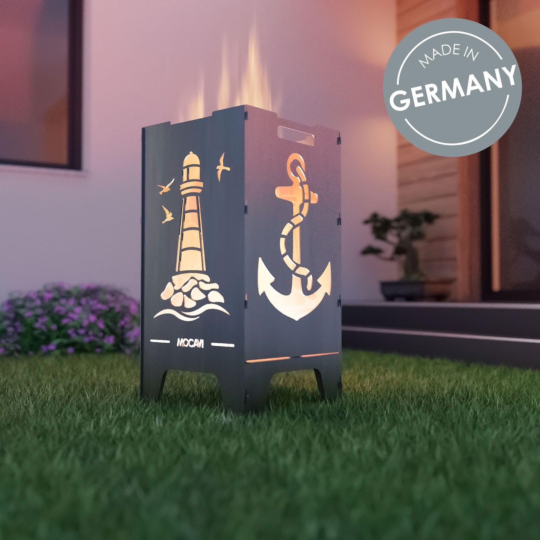 MOCAVI Feuertonne Maritim 73 cm | 3 mm Stahl Feuerschale Feuerkorb massiv robust sicher Design-Brenntonne für Garten und Terrasse groß eckig hohe Feuerstelle Outdoor hitzefest Feuersäule Feuerfass