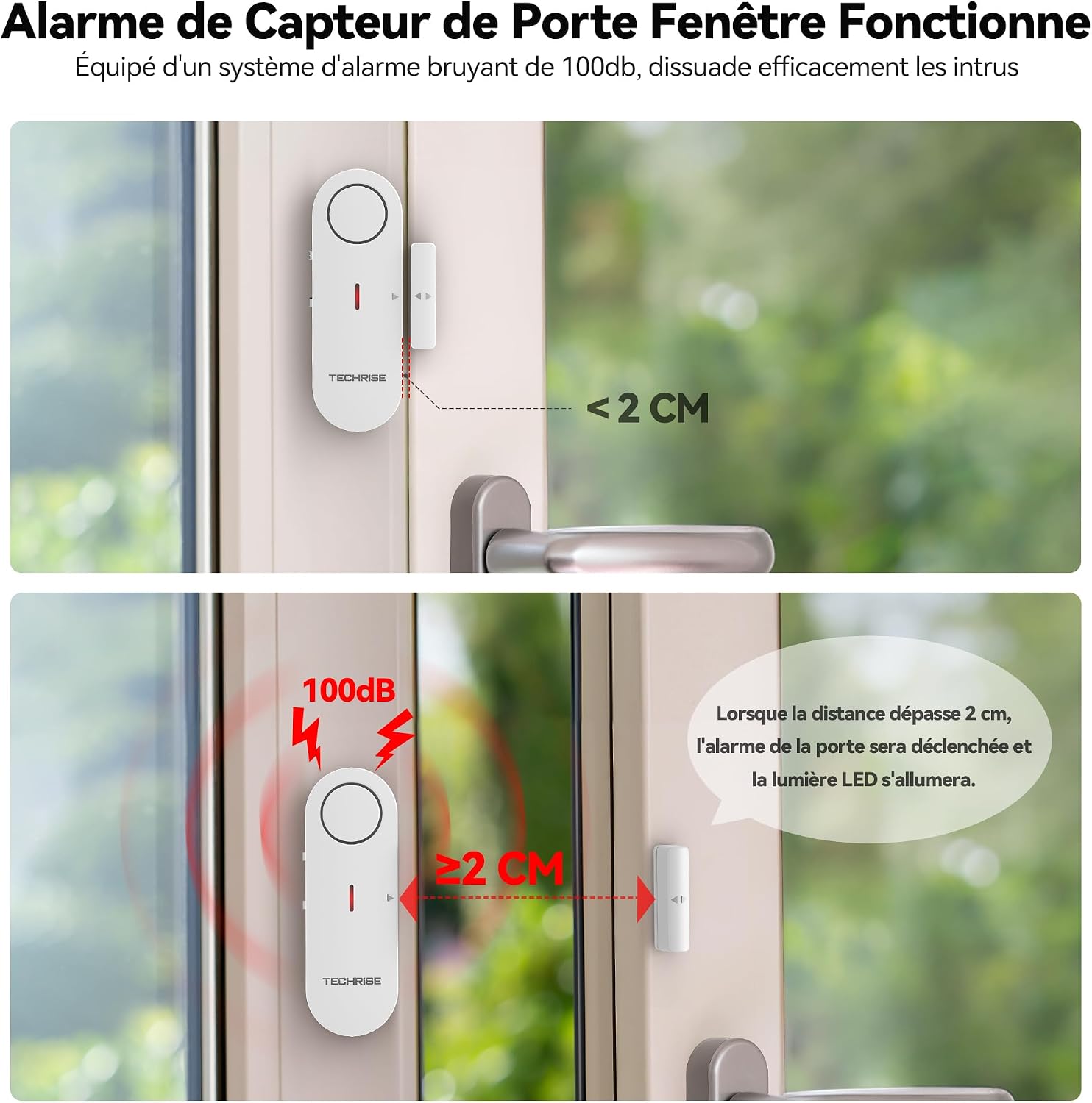 Diagram showing the alarm unit and magnetic sensor, indicating a 2 cm maximum distance for activation.