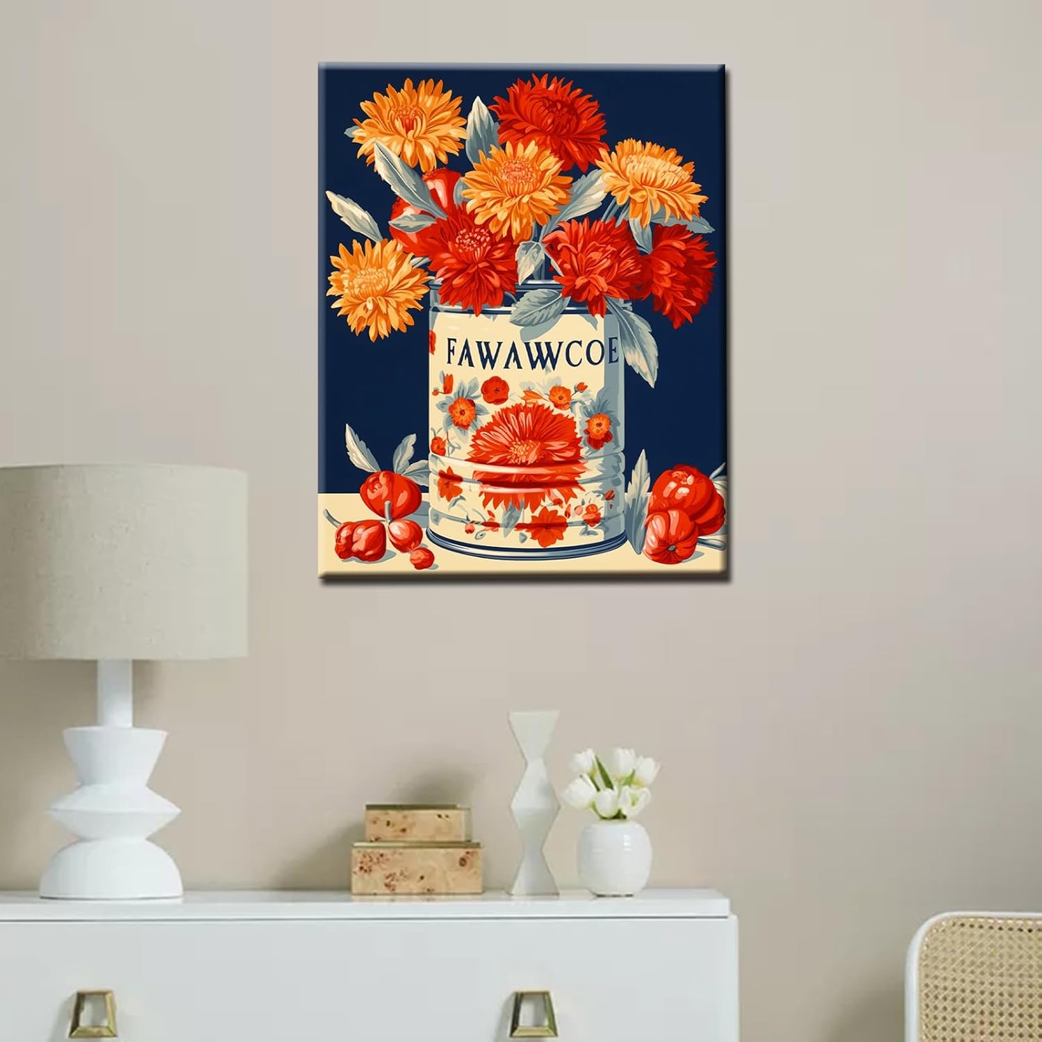 Tucocoo Orange and Red Flowers in a Tin Can Paint by Numbers Kits 16x20 inch Canvas DIY Oil Painting for Kids, Students, Adults Beginner with Brushes Acrylic Pigment Vintage Style Painting(DIY Frame)