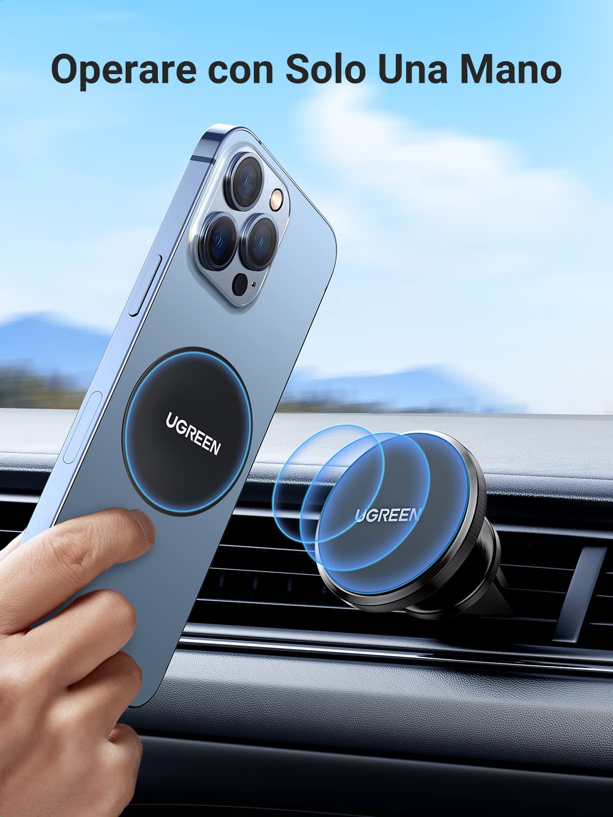 UGREEN Supporto Cellulare Auto Magnetico 2 Pad Metallo Inclusi, Porta Cellulare Auto Magnetico per iPhone 16 15 14, Galaxy, Oppo, Redmi/Xiaomi, ECC