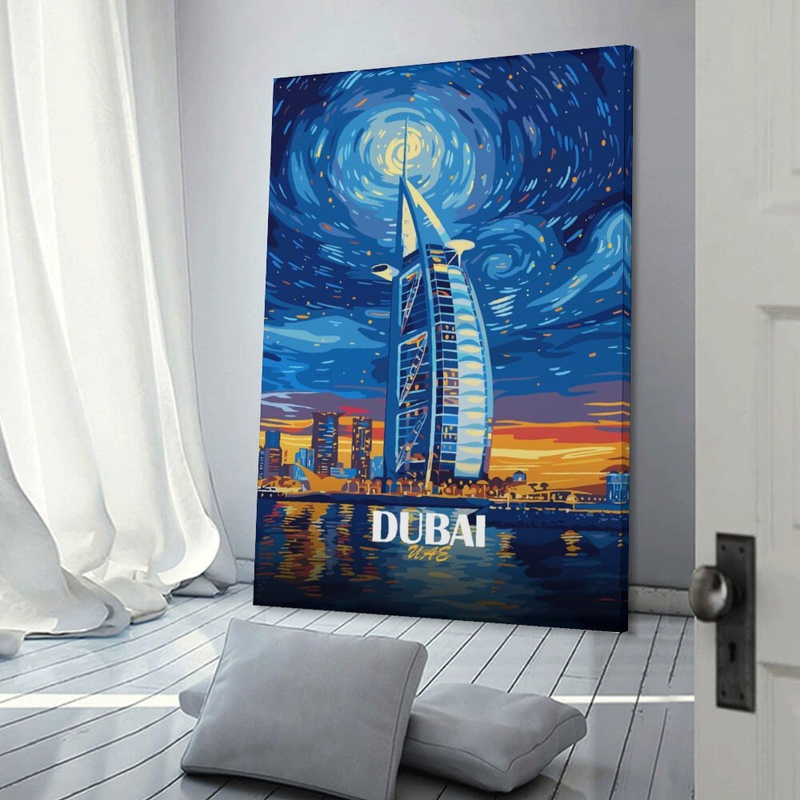 Junmoney Dubai Skyline Starry Night Art Home Decor Wall Art, 20x30inch(50x75cm), for Apartment Walls, Studios Or Work Areas, Wall Decor with Flexible Room Appeal
