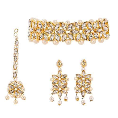 Zeneme Jewellery Set Flower Shaped Choker Bridal Necklace Set With Earrings Maang Tikka Jewellery For Women & Girls