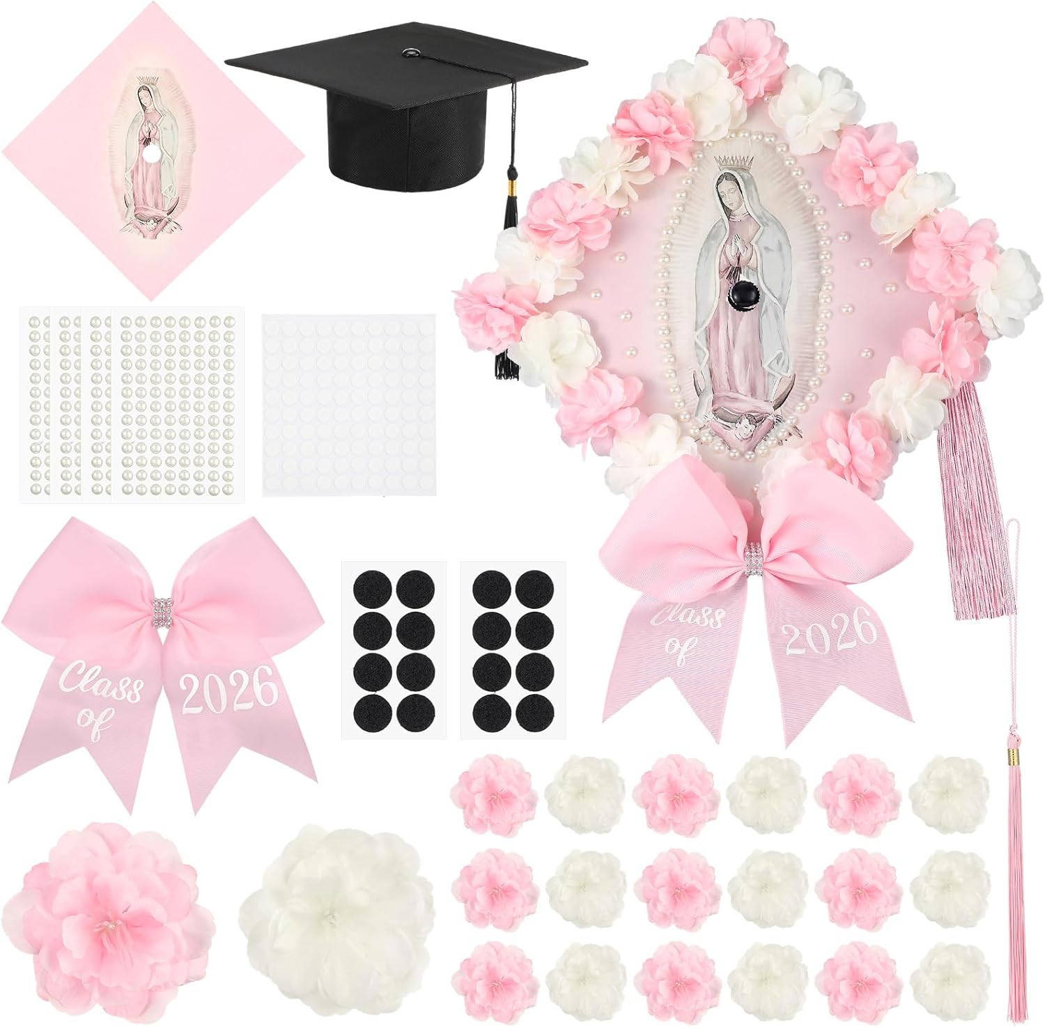 Knitgrip 28 Pcs Pink DIY Graduation Cap Decorations Kit 2026 Grad Cap Flowers Decorations Pink Bow Clip Virgin Mary Decor Faux Flower Pearl Sticker Tassel for Art DIY 2026 Grad Party Decor & Supplies