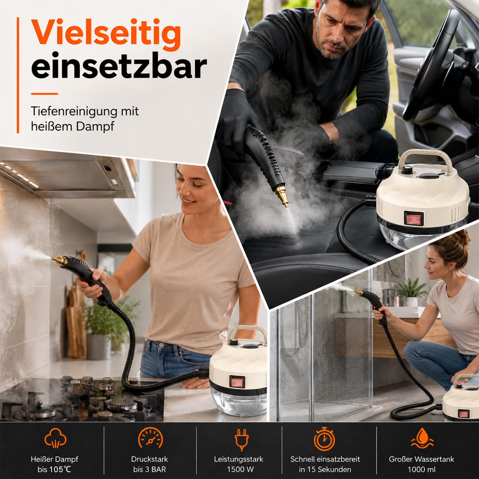 Dampfreiniger Handgerät, 15 Sekunden Aufheizzeit, 1L Wassertank, 1500W & 6 Geschwindigkeitsstufen, Steam Cleaner für Alles, Tragbarer Handdampfreiniger für Boden, Küche, Fenstern,Badezimmern, Auto