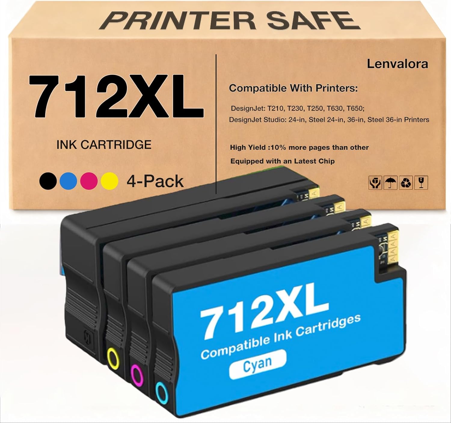712XL Ink Cartridges (New Chip) Replacement for HP 712 XL 712 Ink Cartridges Compatible for DesignJet T230 T650 T630 T250 T210 Printer (4-Pack, Black Cyan Yellow Magenta)