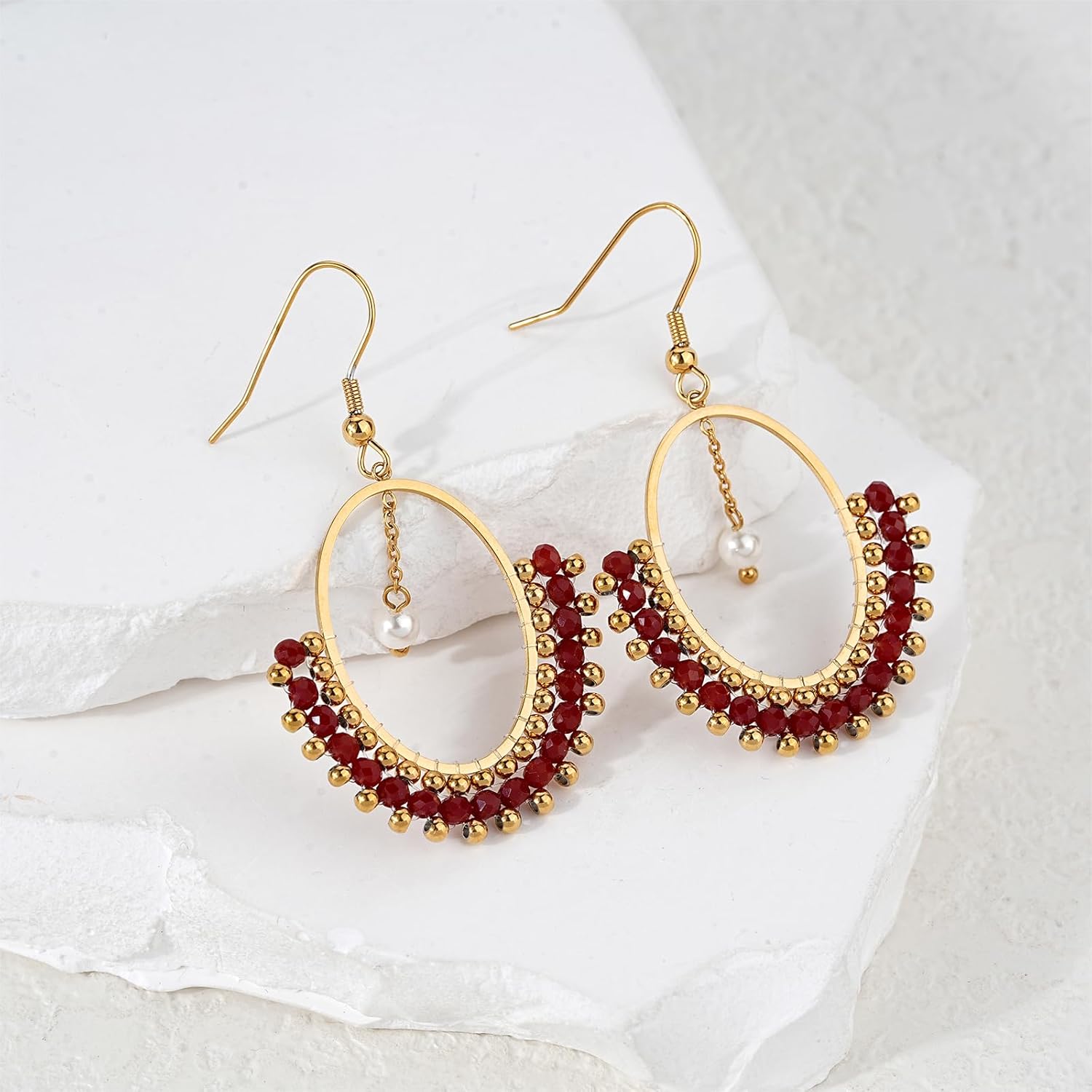 Bohemian Crystal Pearl Earrings 18K Gold Plated Oval Hoop Dangle Earrings Boho Crystal Pearl Jewelry Gift for Women