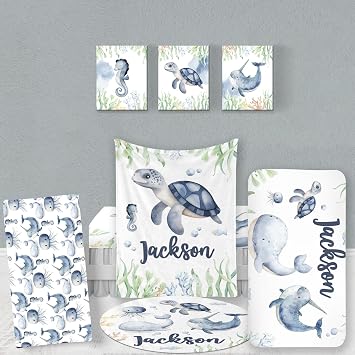 Custom Baby Bedding Set, Personalized Blue Ocean Animal Bedding, Baby Blanket Fitted Sheet Changing Cover Nursery Rug Room Decor Gift Idea