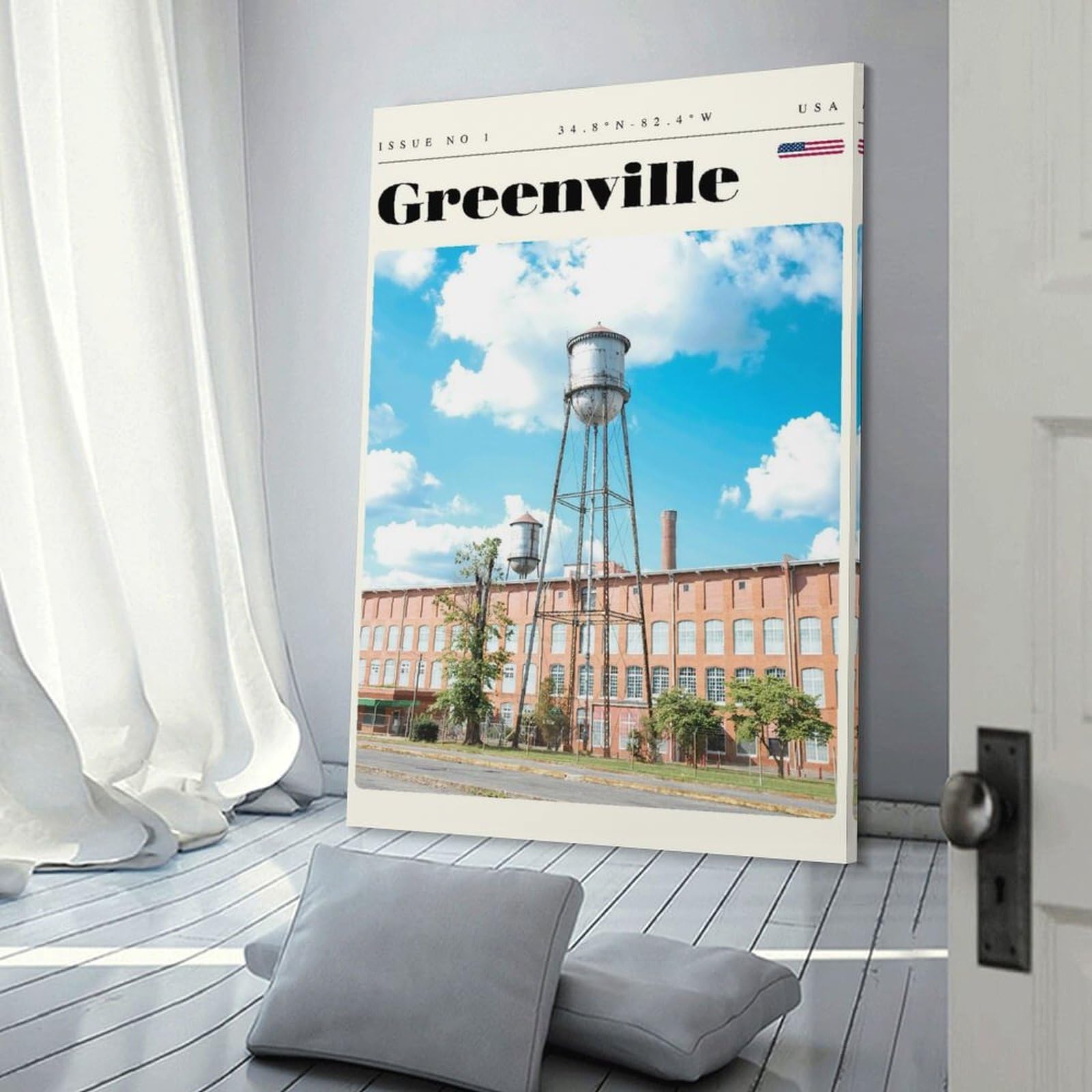 Junmoney Greenville Travel Art Canvas Wall Art, 20x30inch(50x75cm), for Living Room, Bedroom Or Apartment Walls, A Home Accent with Warm Character