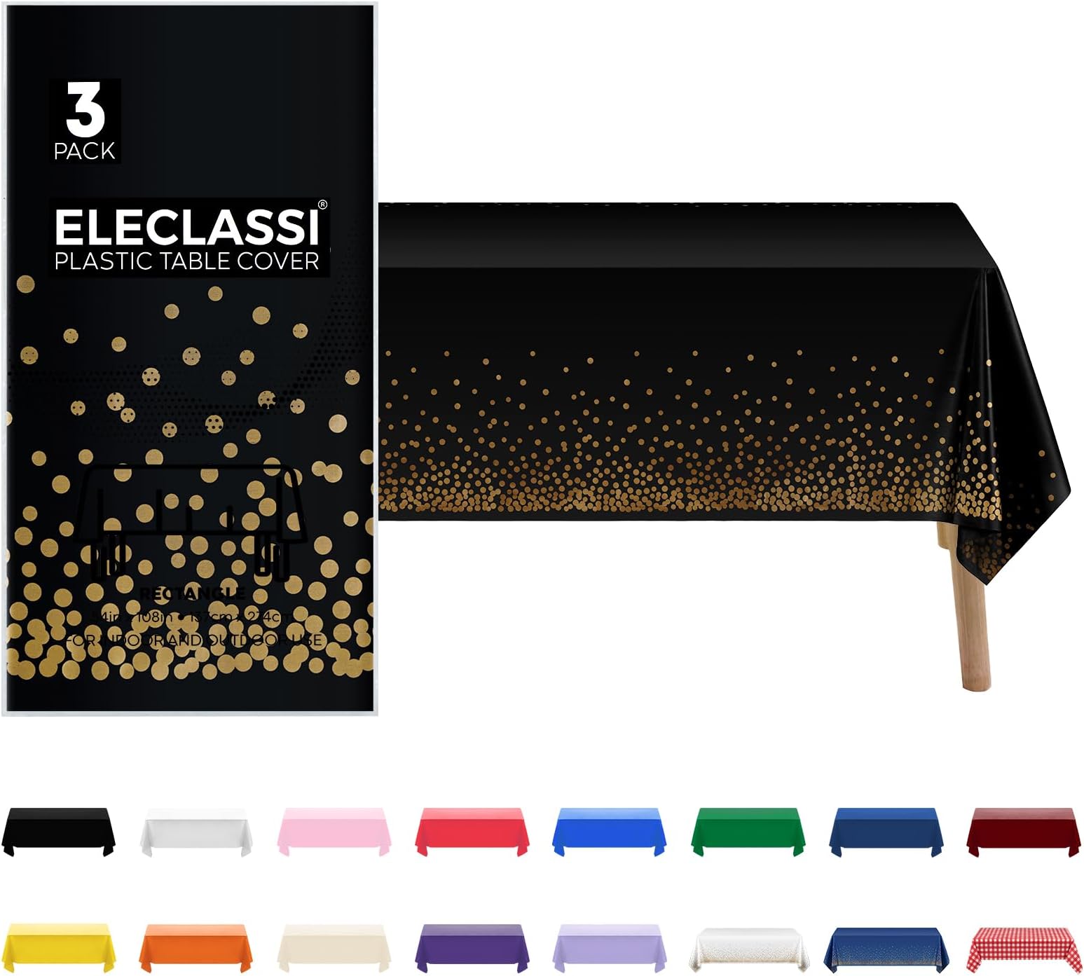 Eleclassi 3 Pack Black and Gold Plastic Table Cloth Disposable Tablecloth 54 x 108 in - Waterproof Plastic Tablecloths for Rectangle Tables Up to 8 Ft - Gold Polka Dot Birthday Tablecloth