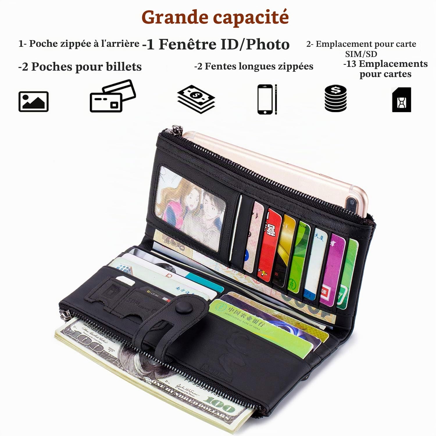 Roulens Portefeuille en Cuir véritable pour Femme Portefeuille Femme Cuir Porte Monnaie Porte-chéquiers Porte-Cartes pour 13 Cartes
