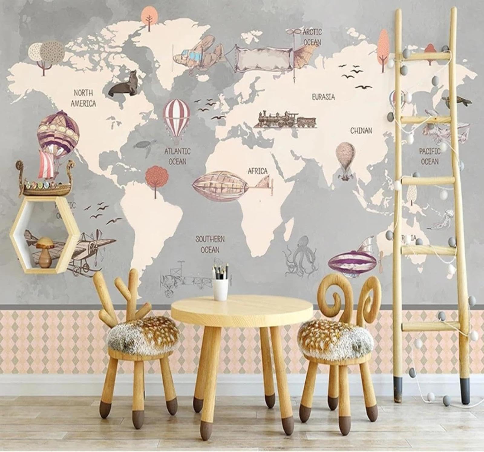 XLMING Vintage World Map Hand Drawn Aeroplane Hot Air Balloon 3D Wallpaper Silky Texture Home Study Office Grey Dining Room Sofa Bedroom Living Room TV Backdrop-430cm×300cm