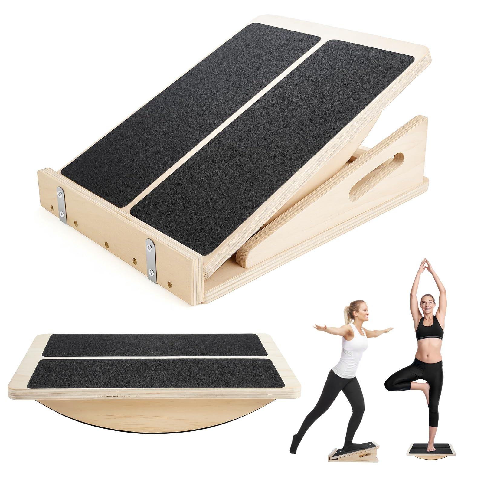 2-in-1 Wooden Slant Board 4 Position Incline Calf Stretcher with Side Handle, Adjustable Squat Wedge for Leg Knee Ankle Stretching at Home Gym Outdoor