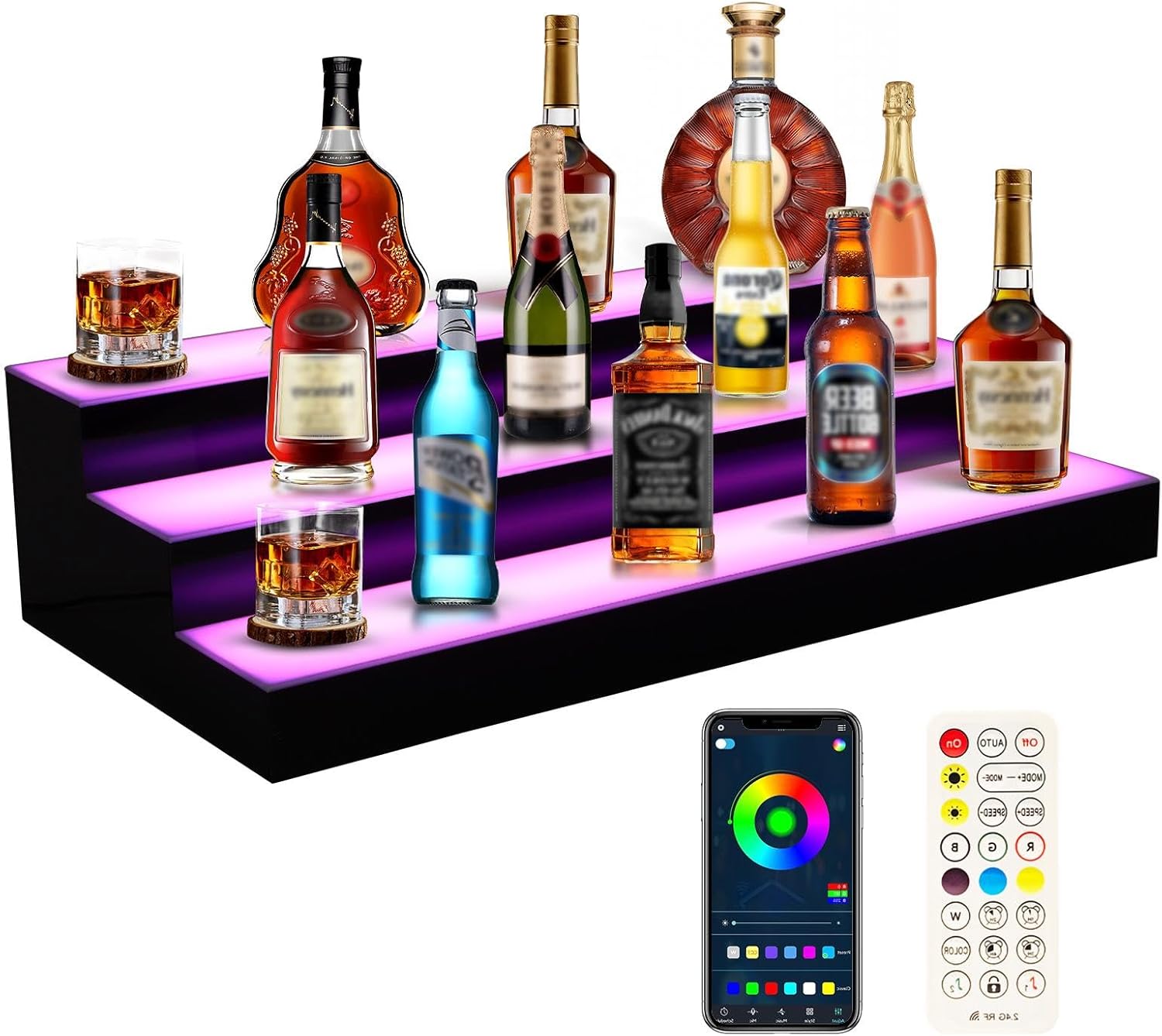 Dollate 3 Tier 24 Inch LED Lighted Liquor Bottle Display, LED Tabletop Wine Shelves with APP & RF Remote Control, Adjustable Lighting & Colors Liquor Storage Rack for Home Bar