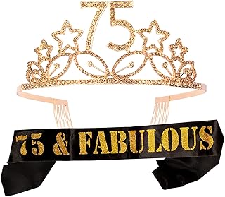 MEANT2TOBE 75th Birthday Sash and Tiara for Women - Fabulous Glitter Sash + Stars Rhinestone Gold Premium Metal Tiara for ...