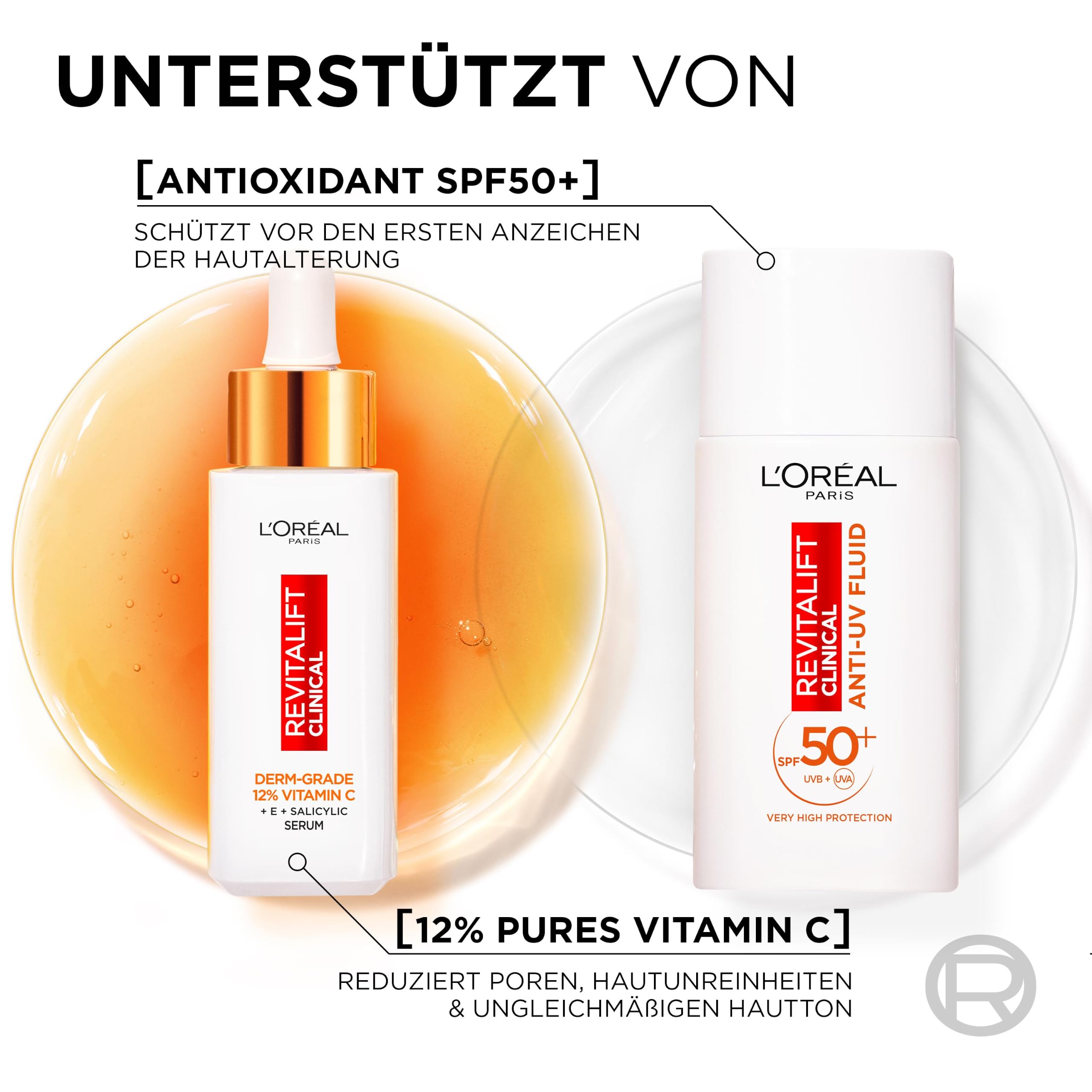 L'Oréal Paris Gesichtspflege-Set mit Vitamin C Serum und Anti-UV-Fluid mit LSF 50+, Für einen strahlenden Hautton, Gegen erste Anzeichen der Hautalterung, Revitalift Clinical Vitamin C, 30 ml + 50 ml