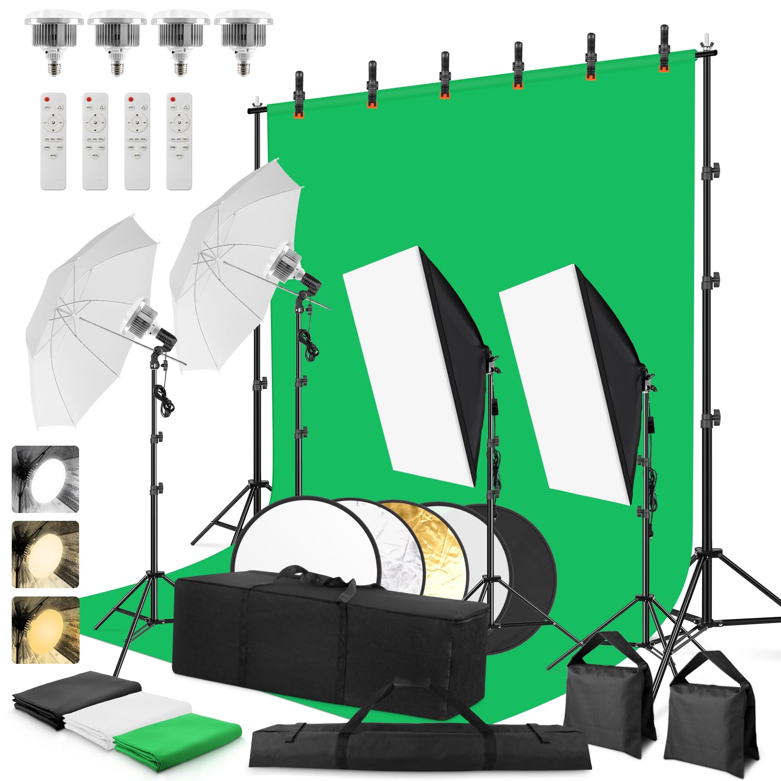 Fotostudio Set, Foccalli Softbox Studio Beleuchtungsset mit 2.6x3m Hintergrundsystem Greenscreen Set, 85W 2700-6400K LED Lampen, Regenschirme, Reflektor für Fotostudio, Porträt und Video Shooting