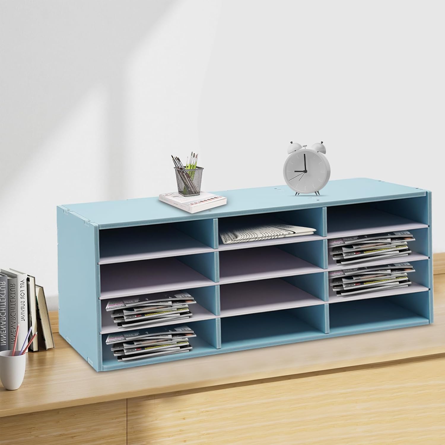 Mail Sorter, 12 Compartments Paper Organizer Storage, Wood Literature Organizer, Mailbox for Classroom, File Sorter for Home Library Office (Blue)