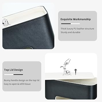 Rectangular Tissue Box Cover for Kleenex, PU Leather Tissue Box Holder, Rectangle Tissue Covers with Cute Silver Bunny, Decorative Tissue Holders for Bathroom, Car, Home, Office - Black