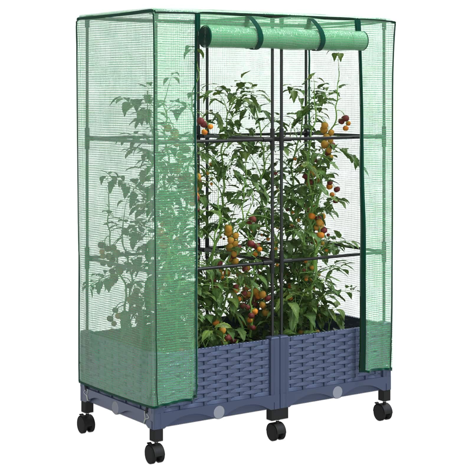 vidaXL Garden Planter with Greenhouse Cover and Wheels 2 Pieces Polypropylene Garden and Patio Box Modern Rectangular with Mobile Plant Container Height Adjustable Waterproof
