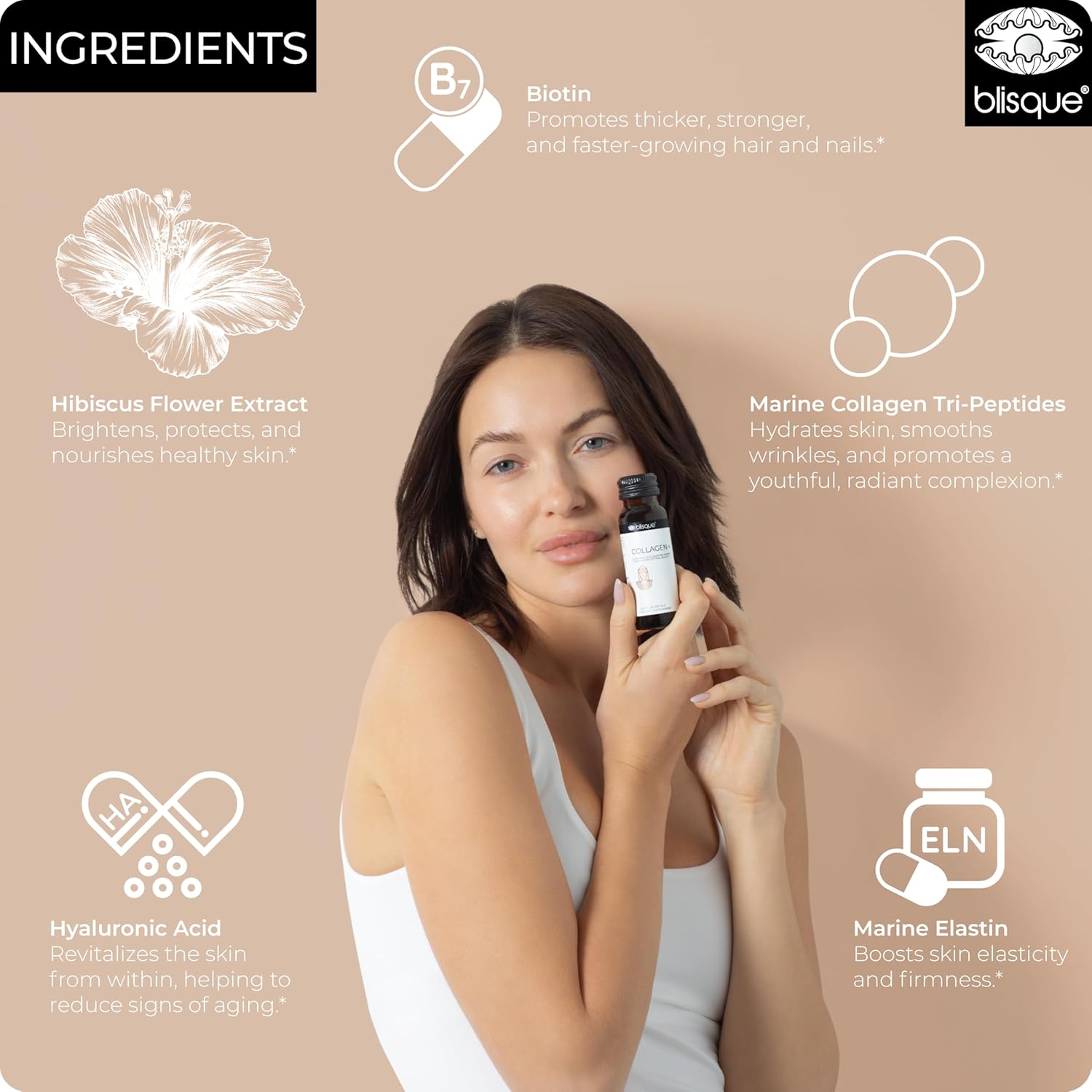 Blisque - Liquid Collagen Tri-Peptide Complex | with Biotin and Hyaluronic Acid | for Hair, Skin, and Nails | 30 Bottles | 30-Day Supply