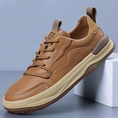 Men's Genuine Leather Platform Sneakers Classic Round Toe Lace Up Hand Stitched Elevator Walking Shoes Casual Non-Slip Tennis Driving Casual Shoes