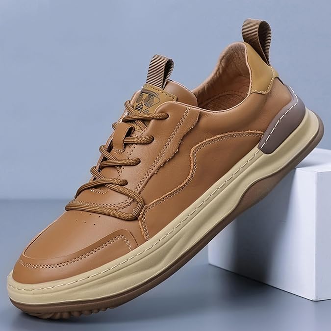 Men's Genuine Leather Platform Sneakers Classic Round Toe Lace Up Hand Stitched Elevator Walking Shoes Casual Non-Slip Tennis Driving Casual Shoes