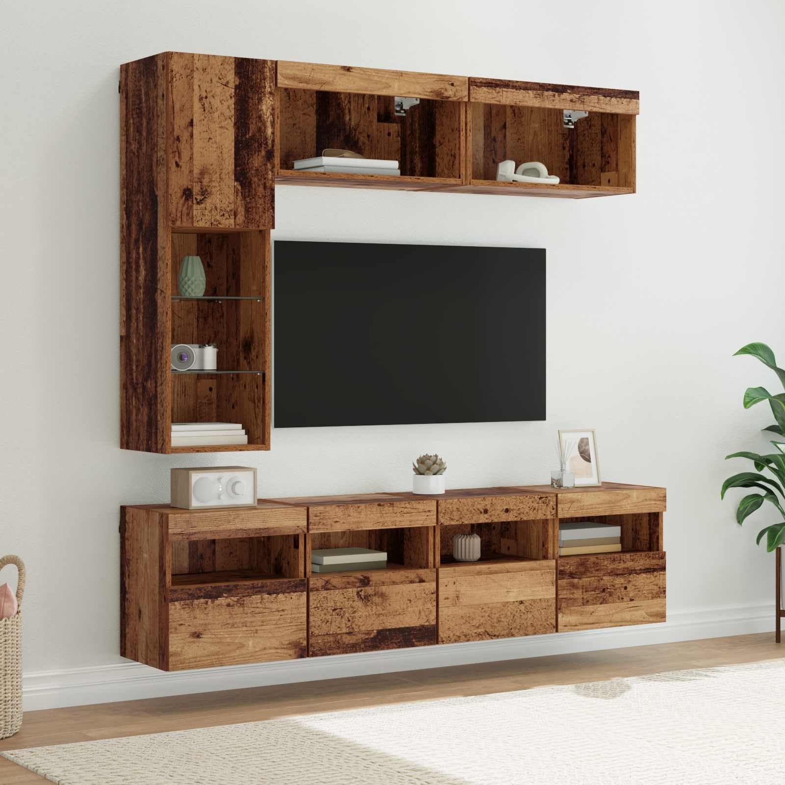 Meuble TV mural avec LED pour grand rangement salon moderne industriel style bois ancien