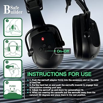 SAFEBUILDER Bluetooth Hard Hat Ear Muffs, NRR 23dB Adjustable Cap-mounted Ear muffs, Helmet Attachable Earmuffs