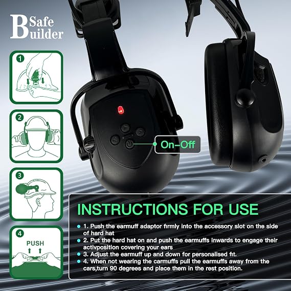 SAFEBUILDER Bluetooth Hard Hat Ear Muffs, NRR 23dB Adjustable Cap-mounted Ear muffs, Helmet Attachable Earmuffs
