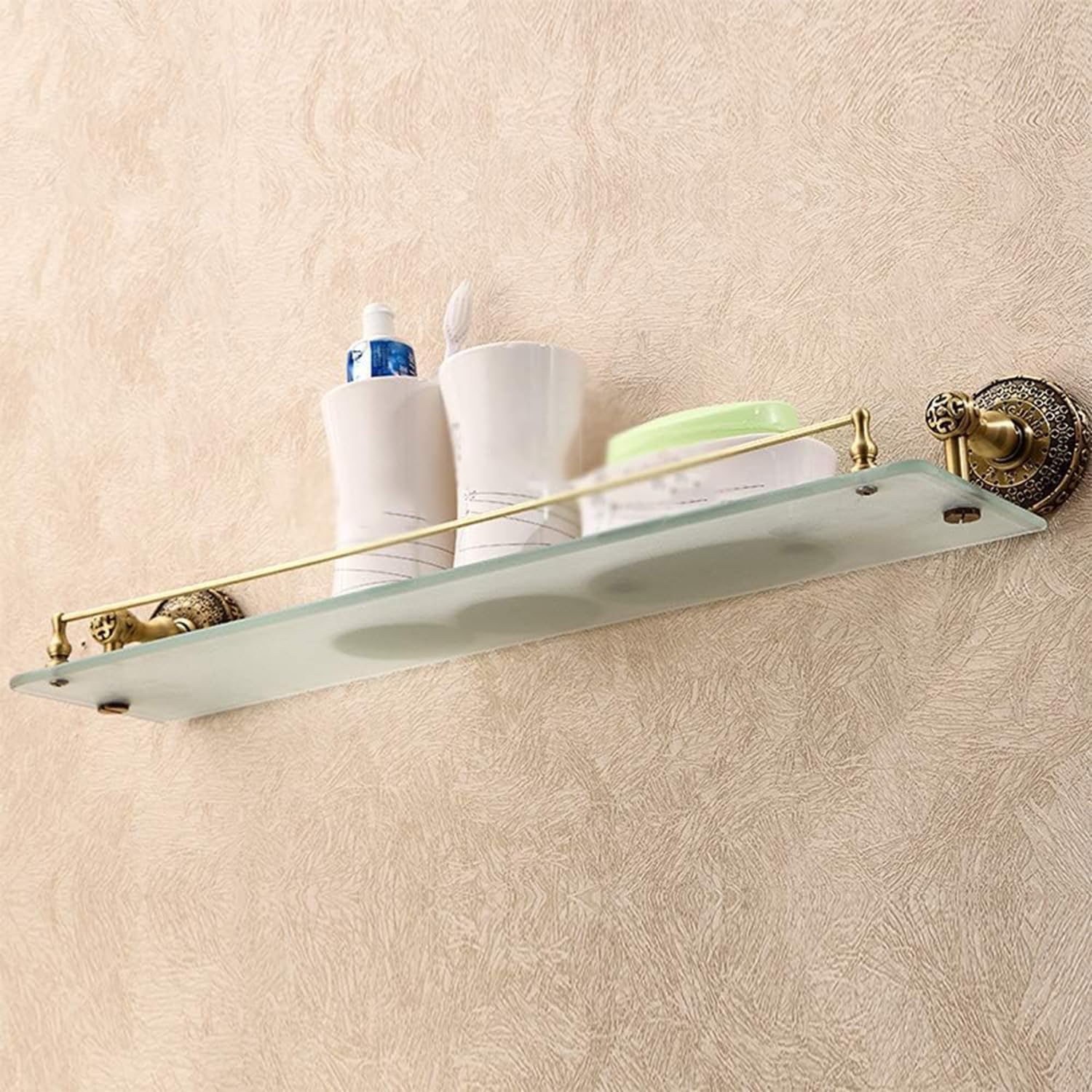 Bathroom Glass Shelf,20in Brass wall Shelves,Shower Storage Shelf | Rectangle Tempered Glass Shelves,Base and Handle are Solid Brushed Brass, with Carved Patterns